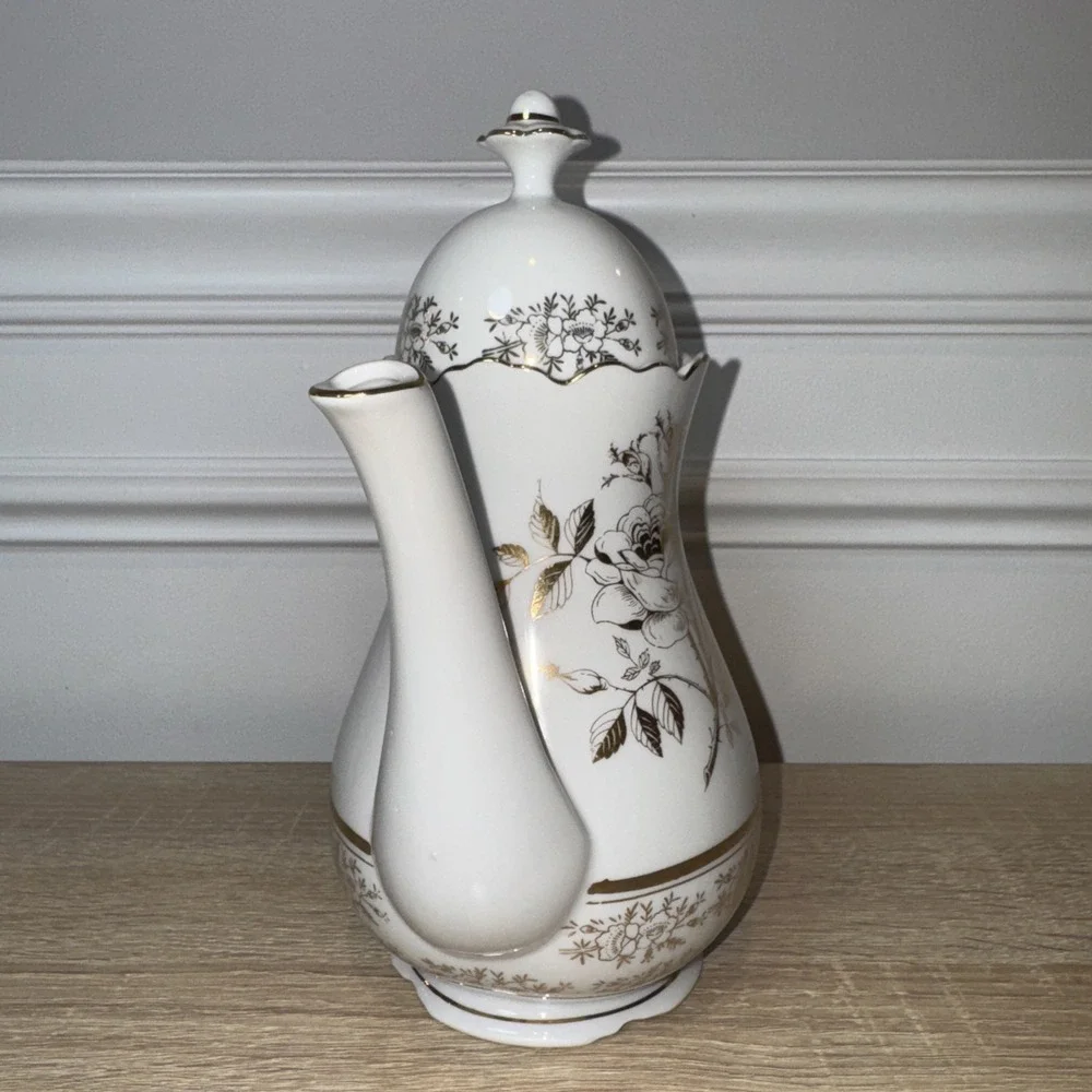 VTG 25Th Anniversary Tea Coffee Pot‎ AB-190 Norcrest Chatillon White Gold Japan
